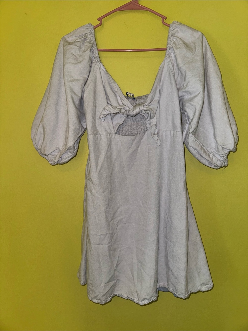 Women’s Puff Sleeve linen blend Mini Dress with Front Tie